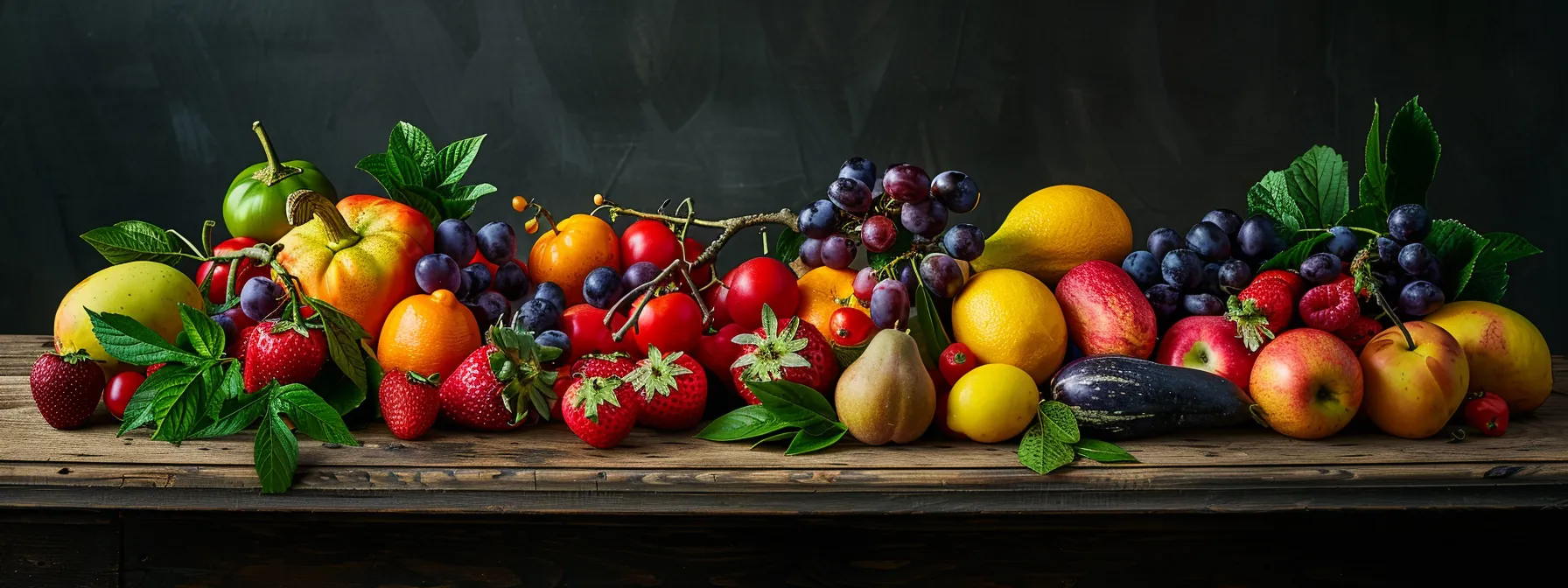 Vibrant arrangement of assorted fruits and vegetables, including strawberries, apples, grapes, oranges, and cucumbers, emphasizing whole, unprocessed plant foods for vegan nutrition and weight loss.