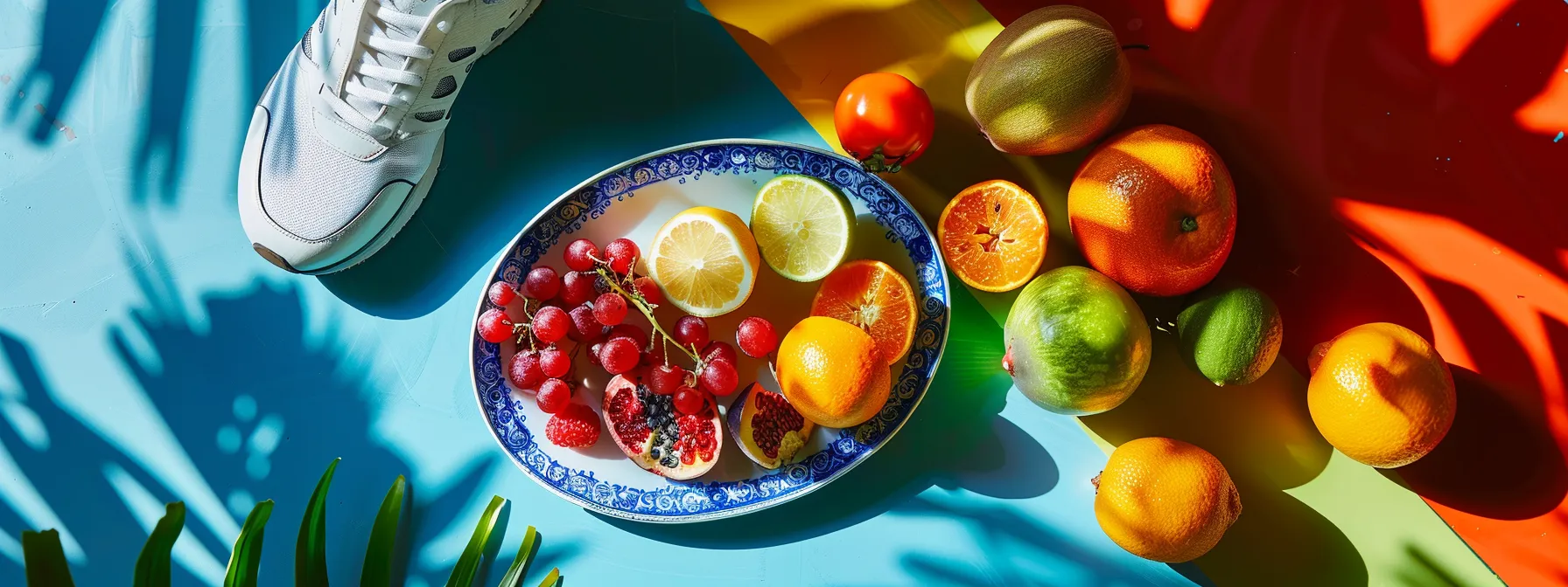 vibrant fruits and vegetables filling a colorful plate next to a running shoe and a journal, symbolizing healthy eating, exercise, and progress tracking in weight loss stories. Plate of vibrant fruits including grapes, oranges, lemons, and pomegranates, alongside a white sneaker, symbolizing healthy eating and fitness for weight loss journeys.