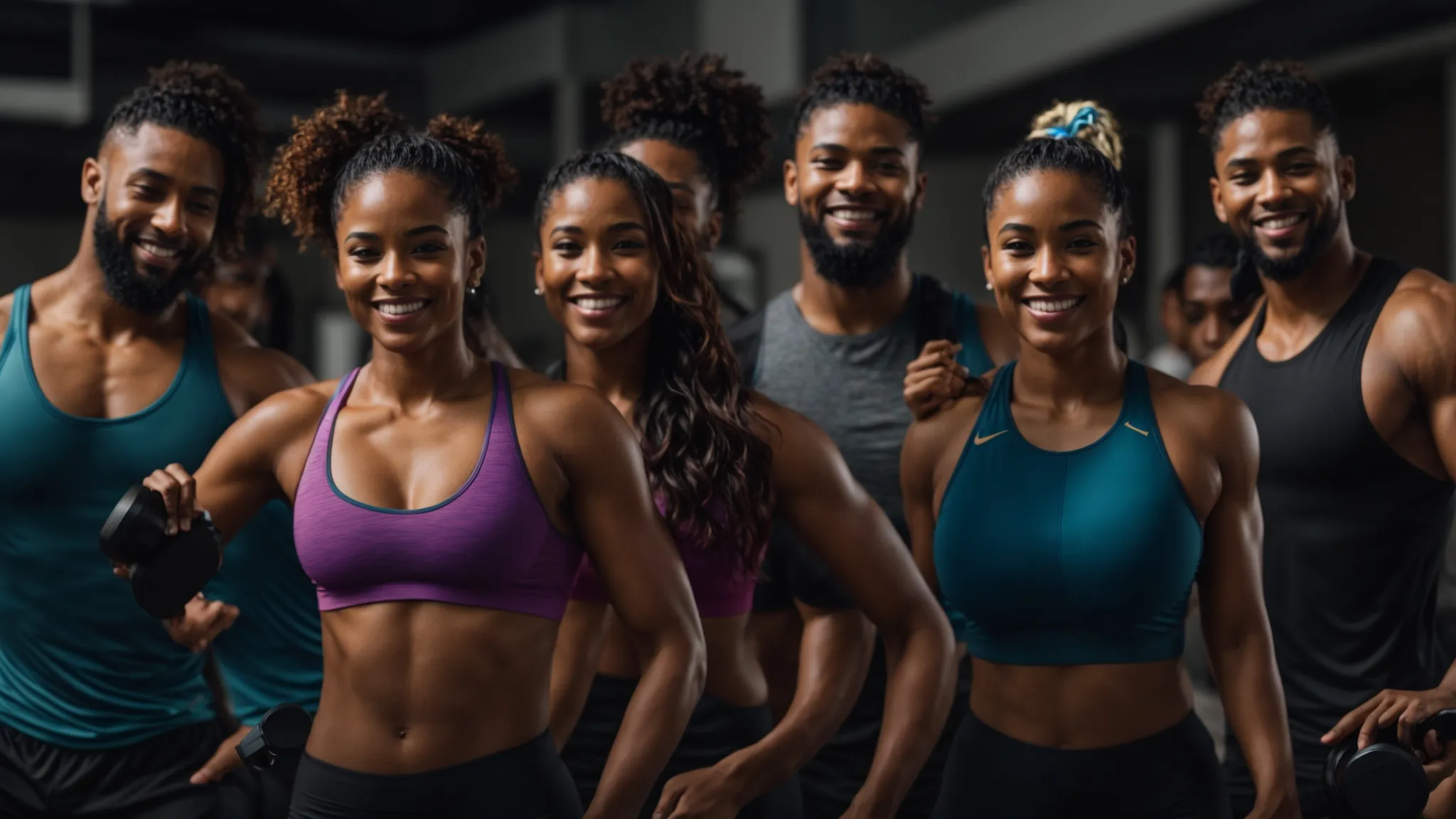 vibrant group of individuals celebrating their fitness transformations together after completing online guided cardio workouts. Group of diverse individuals in athletic wear smiling and celebrating fitness achievements, showcasing camaraderie and success in online guided cardio workouts.
