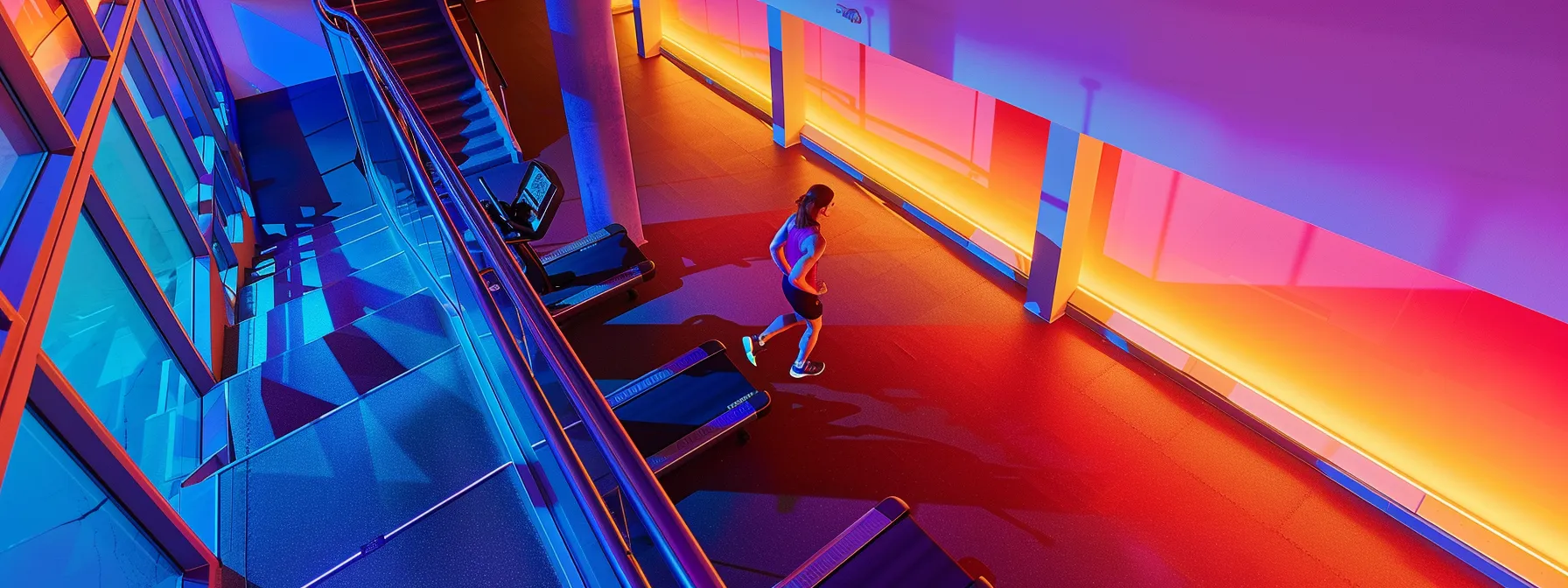 Vibrant gym setting with a person walking, illuminated by colorful lighting, emphasizing an energetic atmosphere for HIIT workouts and fitness routines.