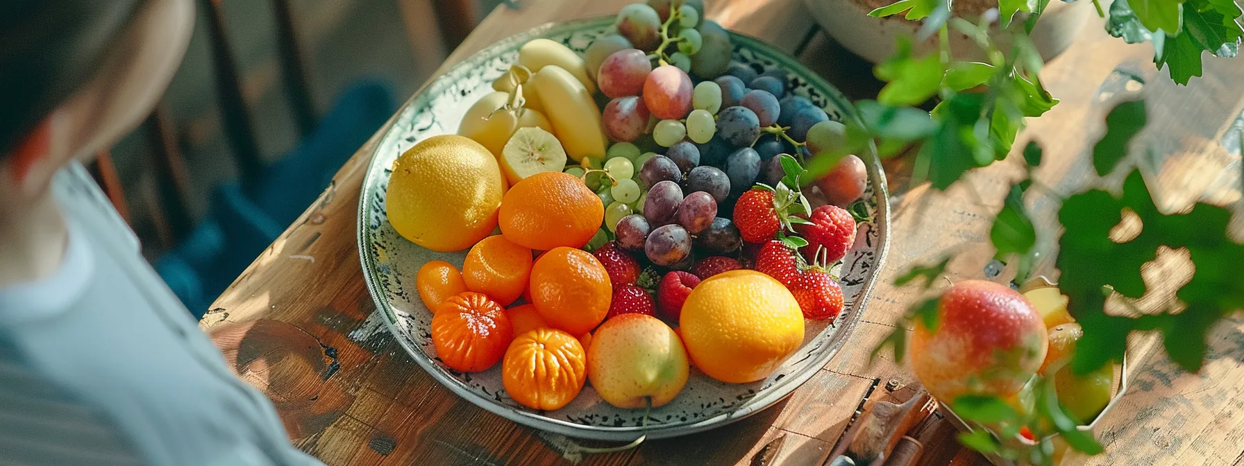 Colorful plate of fresh fruits including oranges, strawberries, grapes, and bananas, emphasizing healthy vegan nutrition for weight management and mindful eating.