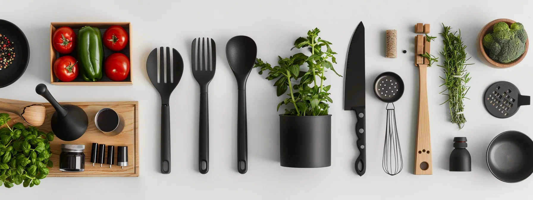 Plant-based cooking tools and fresh vegetables, including tomatoes, bell peppers, and herbs, arranged on a clean surface, emphasizing healthy meal preparation for a plant-based diet.