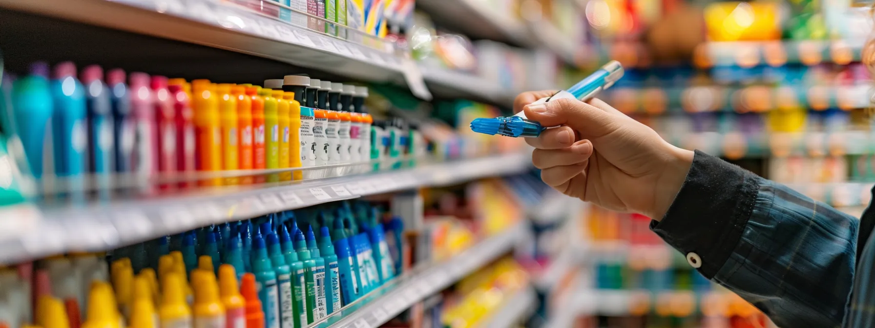 a person carefully comparing prices of different ozempic pens in a brightly lit pharmacy aisle.